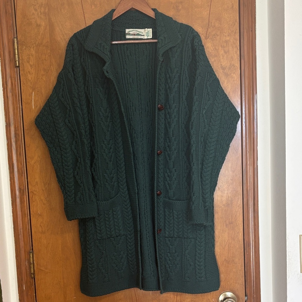 Aran Craft dark ever green knit cardigan 100% wool made in Ireland with pockets